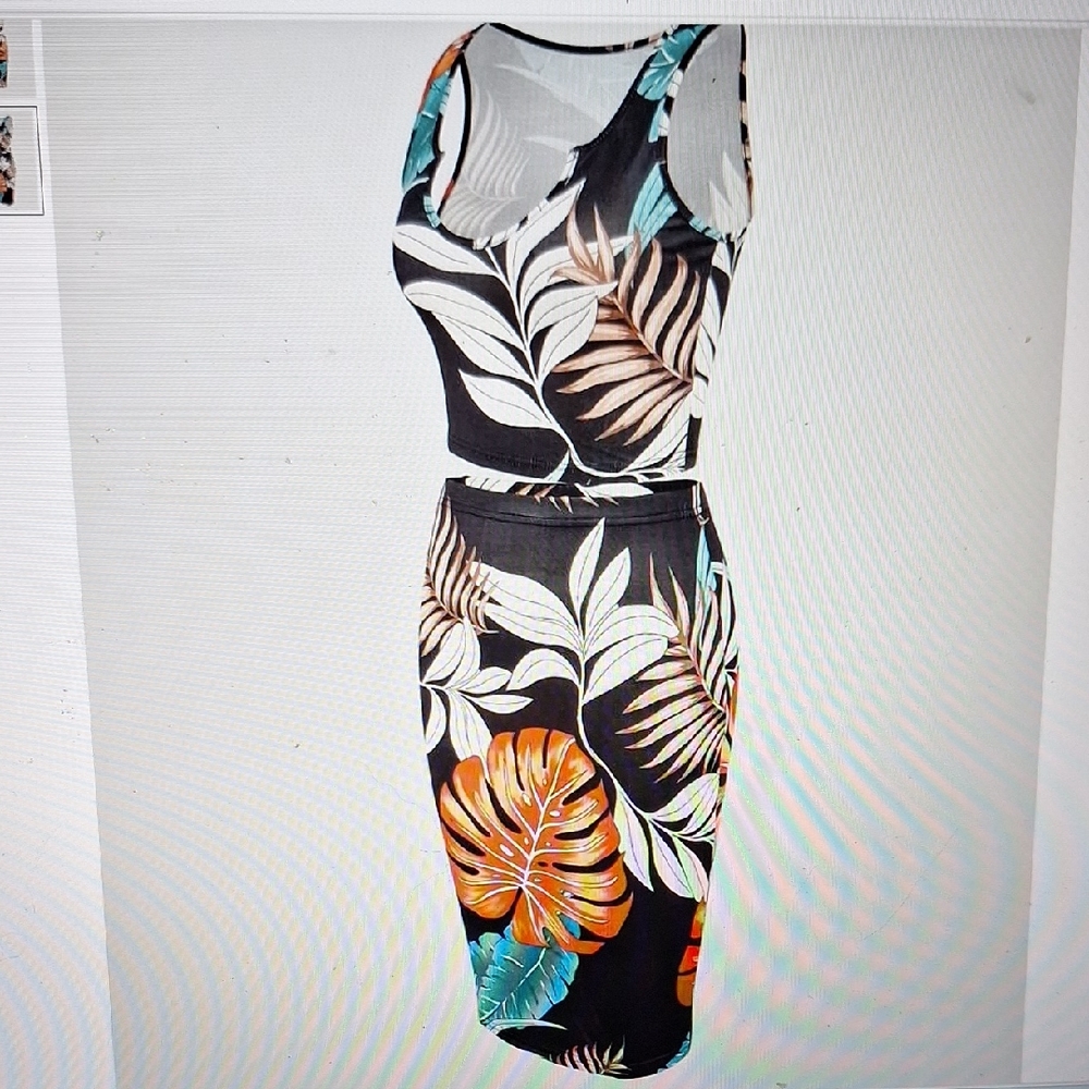 Tropical Print Sleeveless Dress 2 Pieces New
